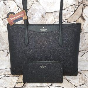 Set Continental Wallet Shimmy Glitter Top Zip Tote Shoulder Bag Black Kate Spade